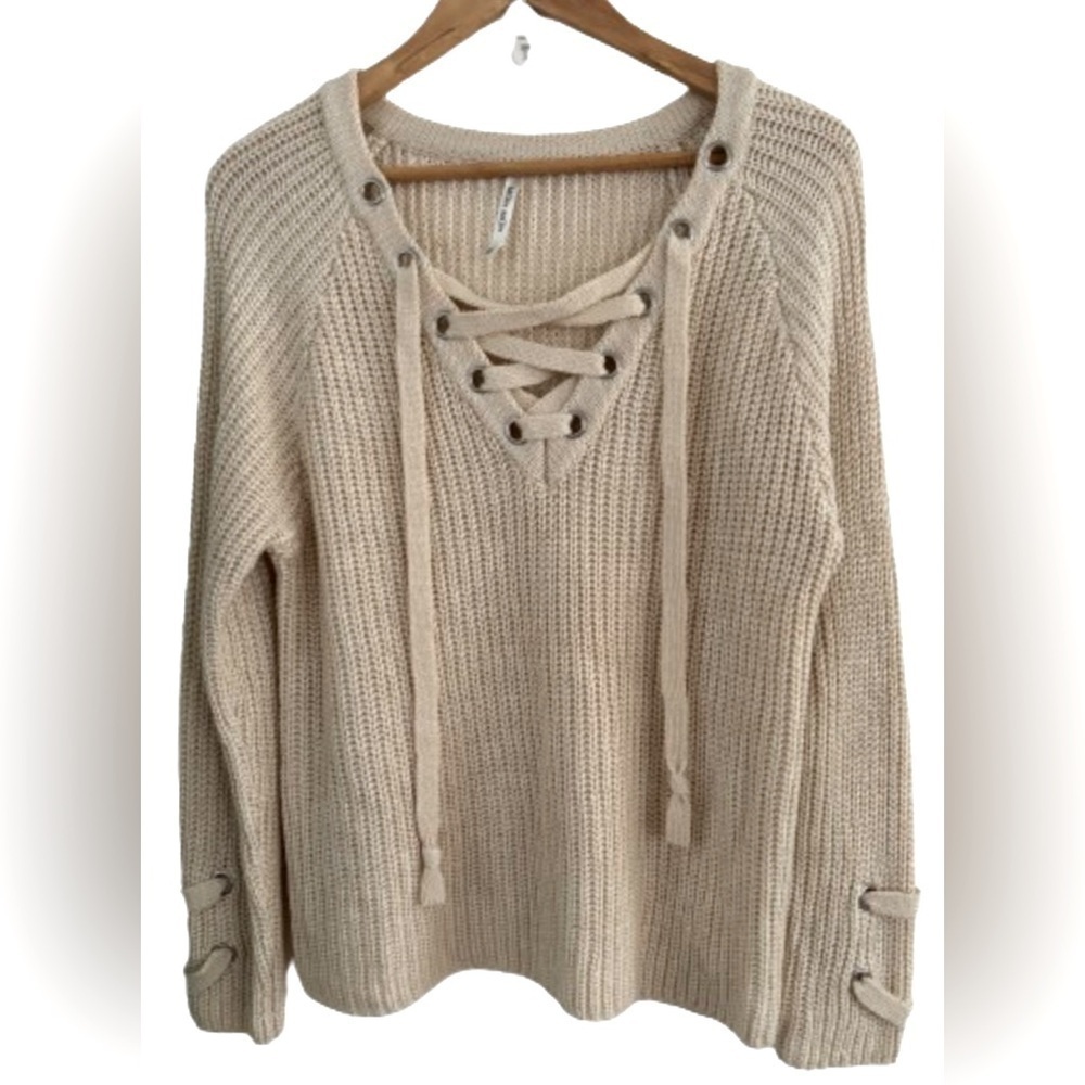 Mur Mur anthro crm wlg slv loose knt lace up swtr SZ M fisherman coastal beach